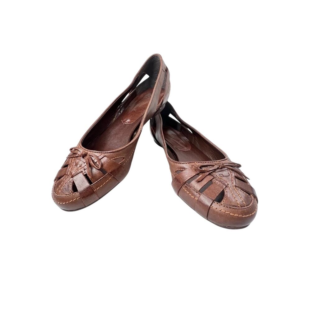 Mariana by Golc Leather Flats Size 10 Brown Loafers Cutouts Bow Cottagecore Shoe